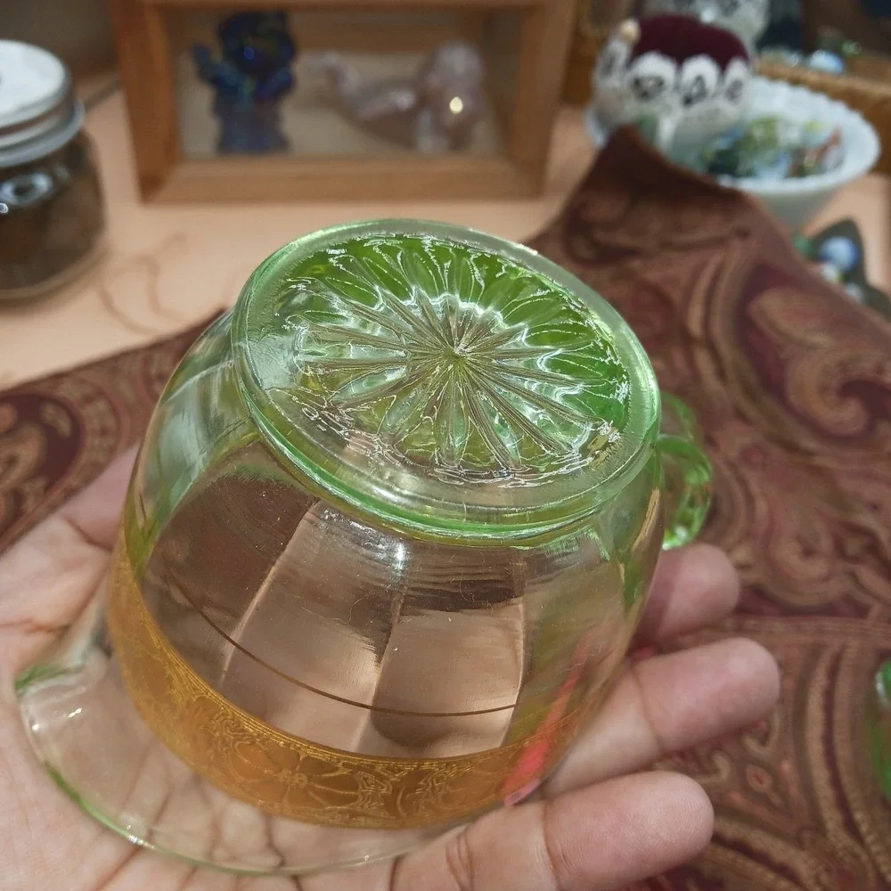 Vtg Green Uranium Glass Creamer & Sugar Bowl Floral w Gold Gilt